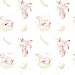 Wall murals Rabbit Cute baby rabbit animal seamless dream pattern comet with gold starsin night sky, forest bunny illustration for children clothing. Nursery Wallpaper