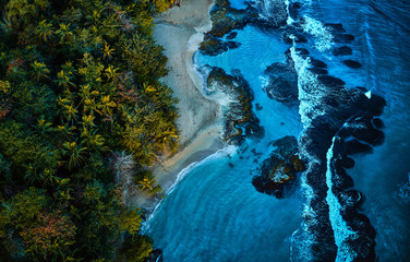 Scenic aerial shot of a sunny beach with white sand surrounded by transparent blue ocean water.