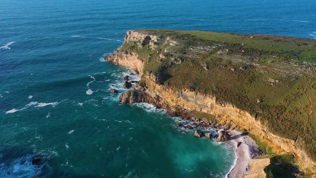 Aerial view of Fuentes Beach, Parque Natural de Oyambre, Municipality of San Vicente de la Barquera, Cantabrian Sea, Cantabria, Spain, Europe