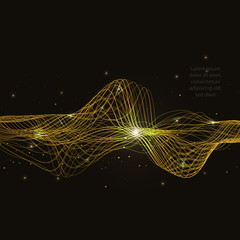Abstract shiny gold wave design on black background