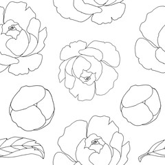 White peonies graphic drawing. Outline print. Seamless pattern for your projects: textiles, wallpapers, packaging, fabrics, digital paper and coloring.
