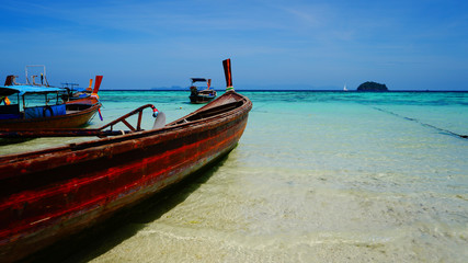 Fototapeta premium Long tail boats and beach nature landscape background, Summer vacation.