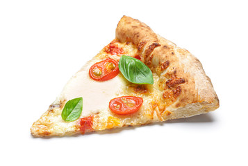 Slice of delicious pizza Margherita on white background