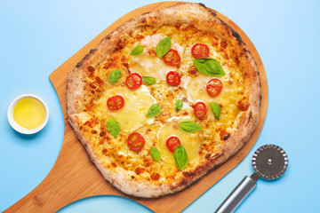 Delicious pizza Margherita on color background