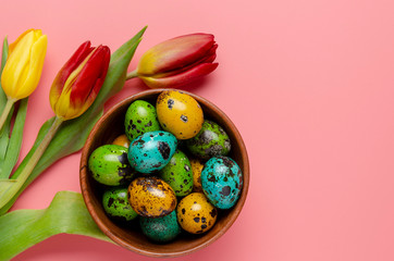 Set of same size tinted quail easter eggs with spring flowers. Easter concept.