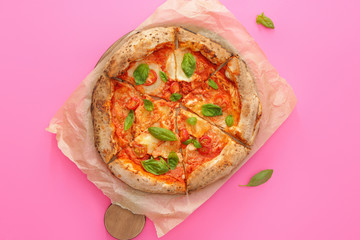Delicious pizza Margherita on color background
