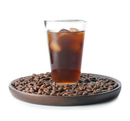 Glass of tasty iced coffee on white background