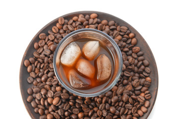Glass of tasty iced coffee on white background