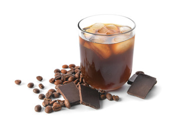 Glass of tasty iced coffee on white background