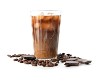 Glass of tasty iced coffee on white background