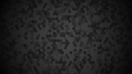 Black Hexagon Background. Random Hexagonal Tiles. Polygon Mosaic Vector Illustration. Abstract sci-fi style. Chemistry, science or medicine concept. Geometric wallpaper. Honeycomb pattern backdrop