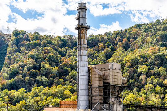 Charleston, West Virginia, USA City With Industrial Factory Smoke Stack Coal Pipe Power Plant Exterior Architecture Closeup