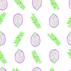 Exotic fruits and tropical leaves seamless pattern. Pitaya and palm leaves on a white background.