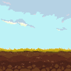 Pixel art game background. Ground, grass, sky, castle and clouds. Pixel art. Game Design. 8 bit. 