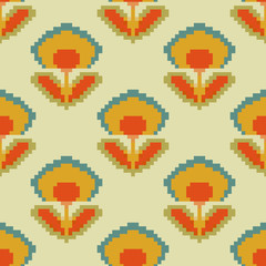 Seamless retro pattern with flowers. Vector illustration in pixel art style. 8 bit. Pixel art flower illustration.