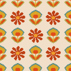 Seamless retro pattern with flowers. Vector illustration in pixel art style. 8 bit. Pixel art flower illustration.