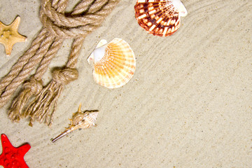 Fototapeta na wymiar Seashells and nautical rope decoration on sand background with red toy ship