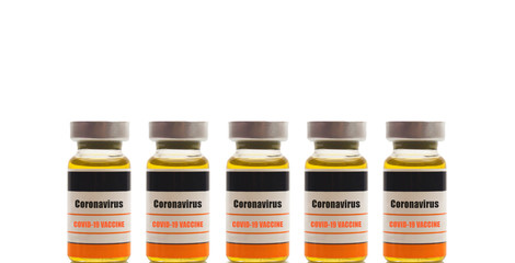 An illustrative concept of a generic unbranded bottle of Coronavirus COVID-19 Vaccine isolated on a white background   