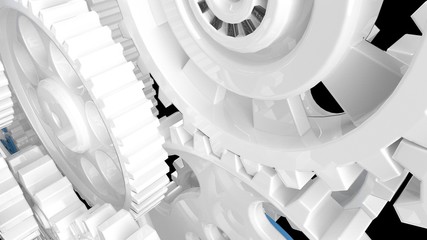 Mechanism white gears and cogs at work on black background. Industrial machinery. 3D illustration. 3D high quality rendering.