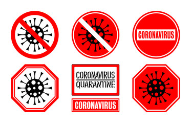 Stop coronavirus. COVID-19 pandemic. Dangerous Wuhan virus vector signs and icons