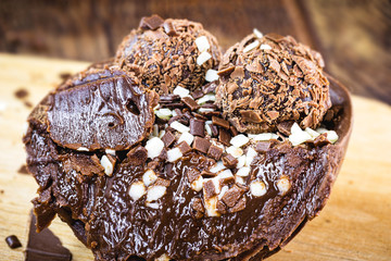 easter egg cut in half and creamy chocolate filling. Creative easter dessert concept