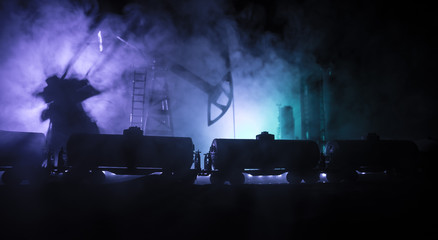 Train moving in fog. Ancient steam locomotive in night. Night train moving on railroad. orange fire background. Horror mystical scene