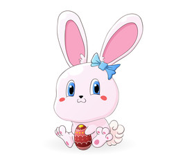 Cute pink kawaii little Easter bunny with Easter egg in hands Isolated on a white background.