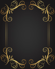 Vintage floral ornament border, Hand drawn decorative element, vector illustration of gold floral frame with black background, Retro design template for page decoration cards, wedding, banner