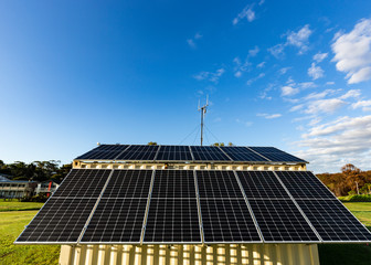 Closeup view of solar power panels for clean, free and renewable energy supply 