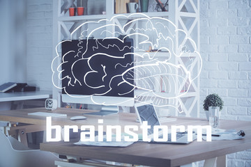 Desktop computer background in office and start up theme hologram drawing. Double exposure. Startup concept.