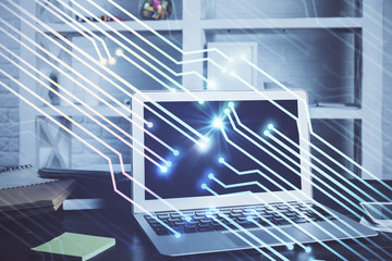 Obraz premium Technology theme drawing and work space with computer. Multi exposure. Concept of innovation.