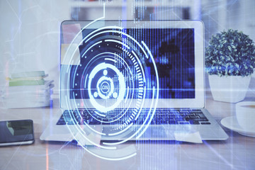 Technology theme drawing and table with computer. Double exposure. Concept of information.