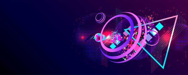 Dark retro futuristic art neon abstraction background cosmos new art 3d starry sky glowing galaxy and planets blue circles. Vector design. Eps 10