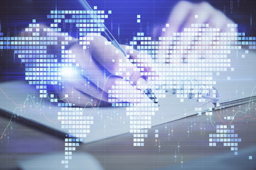 International business hologram over woman's hands taking notes background. Concept of success. Double exposure