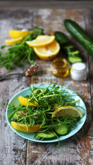 Green fresh detox salad with microgreen and lemon. Healthy food concept. Super food.