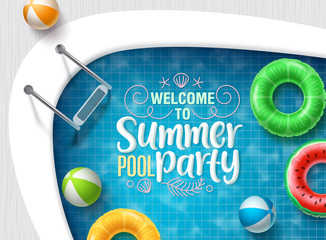 Summer vector banner design. Summer pool party text with floating beach elements for holiday seasonal promotion. Vector illustration.