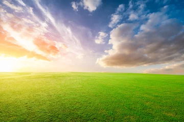 Papier Peint photo Prairie, marais Green grass field and colorful sky clouds at sunset.