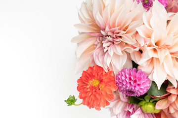 Lovely dahlia flower flat lay floral background with white copy space