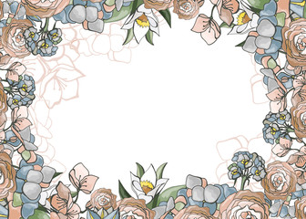 Color vector frame with hand drawn floral elements