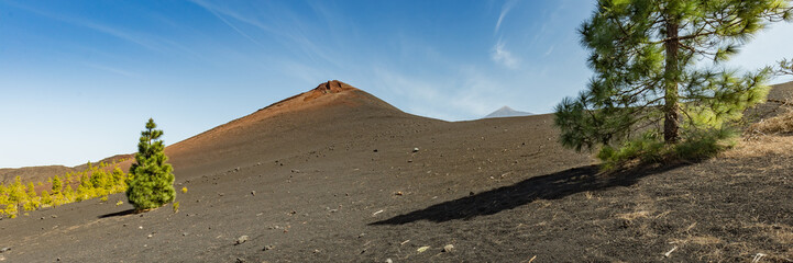 Super wide panoramic view of Volcano Arenas Negras and lava fields around. Bright blue sky and...