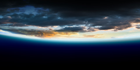 Sunrise on planet orbit, space beauty