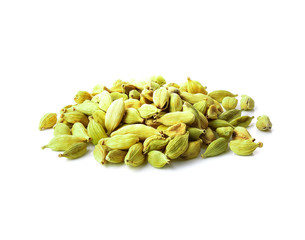 Small pile of green cardamon seeds isolated on the white background