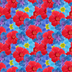 Hibiscus, gladiolus, primula, primrose. Illustration, texture of flowers. Seamless pattern. Floral background, photo collage for production of textile, cotton fabric. For wallpaper, covers
