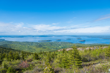 Fototapeta na wymiar Amazing view of beautiful small islands from Cadillac mountain in Acadia National Park Maine USA