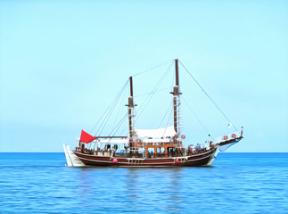 Fototapeta na wymiar Sailing yachts in the sea. Seascape watercolor. Sea, pleasure ships. Digital painting - illustration. Drawing watercolor