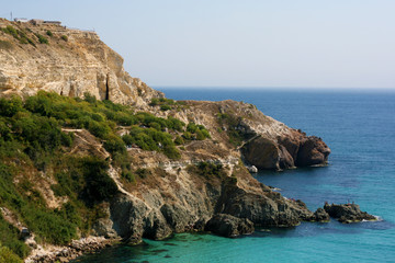 The landscape of the rocky shore of the Black Sea.