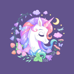 Cute sleeping unicorn surrounded with flowers and butterflies. Isolated vector illustration.