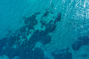 Aerial top view of Blue ocean surface background, View from above shot by drone.