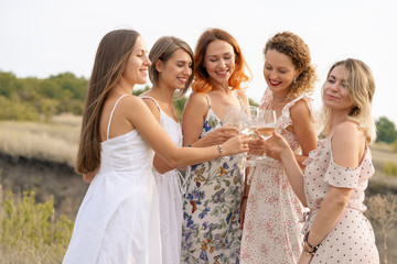The company of female friends enjoys a summer picnic and raise glasses with wine