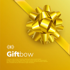 Golden gift bow from satin tape on yellow background. Realistic gold decoration for any holidays presents vector illustration. Christmas and new year poster with glossy silk bow and copy space.